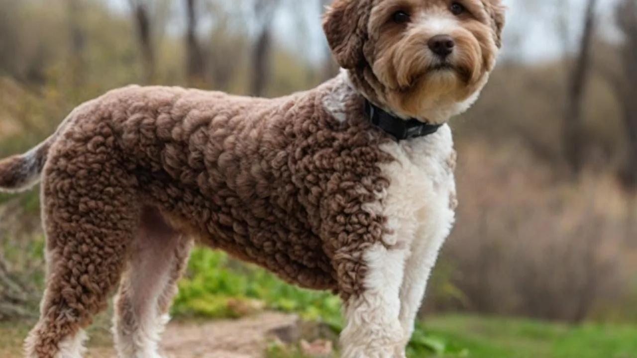 Lagotto Romagnolo etsii truffeleita metsässä, nenä kiinni maassa.